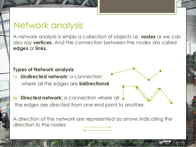 Network analysis
A network analysis is simply a collection of objects i.e. nodes or we can
also say vertices. And the connection between the nodes are called
edges or links.
Types of Network analysis
1) Undirected network: a connection
where all the edges are bidirectional
2) Directed network: a connection where all
the edges are directed from one end point to another.
A direction of the network are represented as arrows indicating the
direction to the nodes
Rupak Roy
 