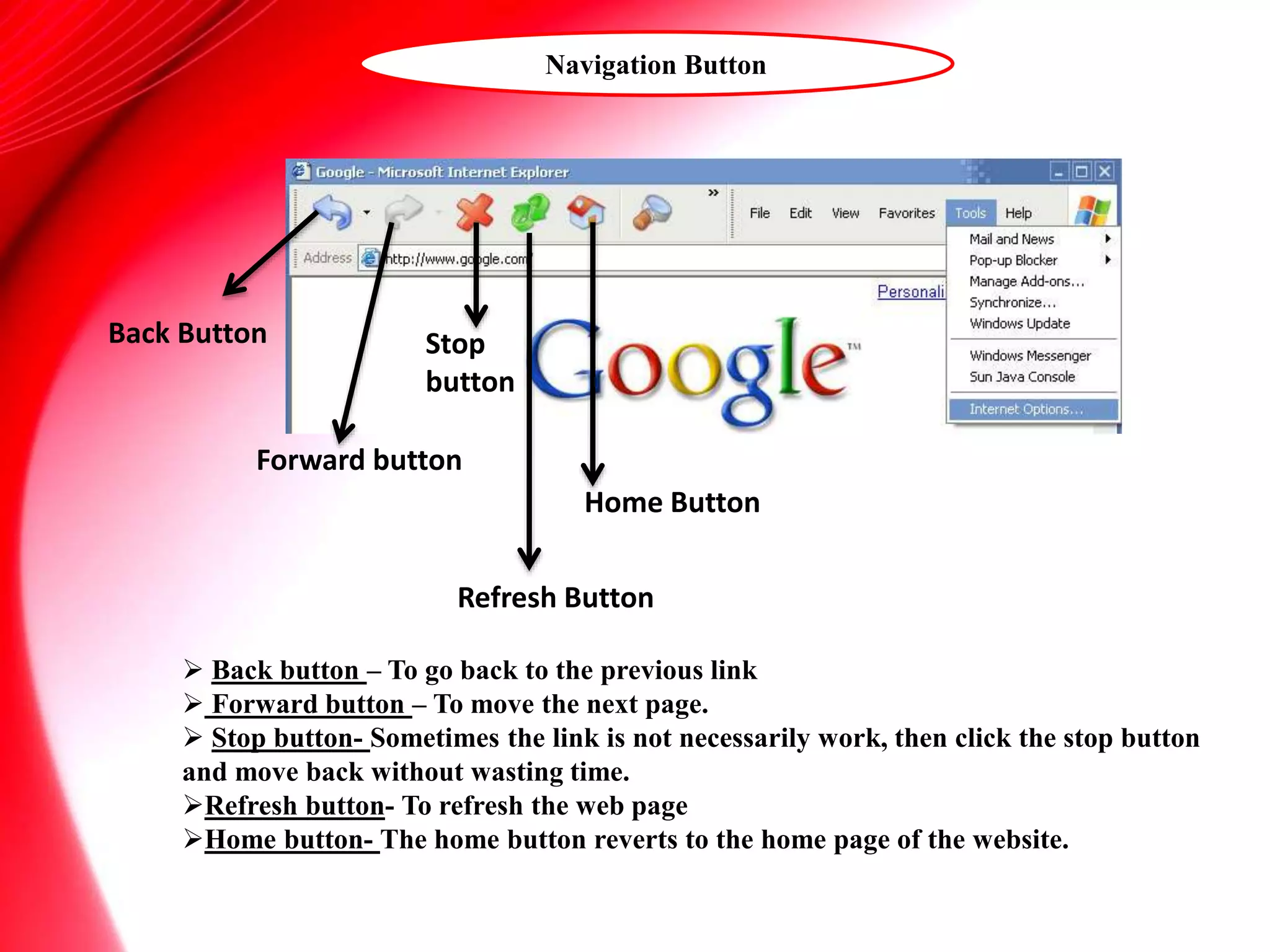 Navigation Button
 Back button – To go back to the previous link
 Forward button – To move the next page.
 Stop button- Sometimes the link is not necessarily work, then click the stop button
and move back without wasting time.
Refresh button- To refresh the web page
Home button- The home button reverts to the home page of the website.
Back Button
Forward button
Stop
button
Refresh Button
Home Button
 