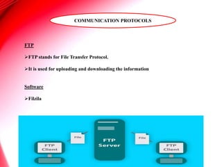 FTP
FTP stands for File Transfer Protocol.
It is used for uploading and downloading the information
Software
Filzila
COMMUNICATION PROTOCOLS
 