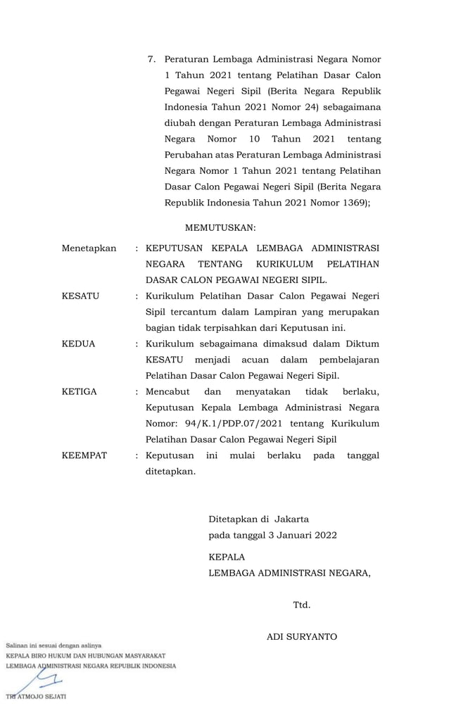 Keputusan Kepala LAN Kurikulum Latsar CPNS