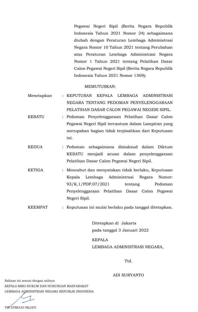 Keputusan Kepala LAN Pedoman Penyelenggaraan Latsar CPNS