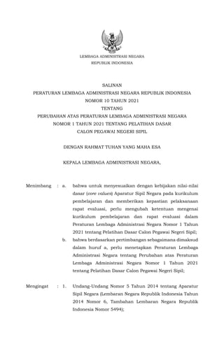 Salinan Peraturan LAN 10 Tahun 2021 tentang Perubahan Atas Peraturan