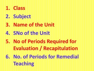 1. Class
2. Subject
3. Name of the Unit
4. SNo of the Unit
5. No of Periods Required for
Evaluation / Recapitulation
6. No. of Periods for Remedial
Teaching
 