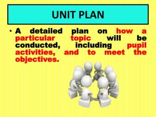 UNIT PLAN
• A detailed plan on how a
particular topic will be
conducted, including pupil
activities, and to meet the
objectives.
 