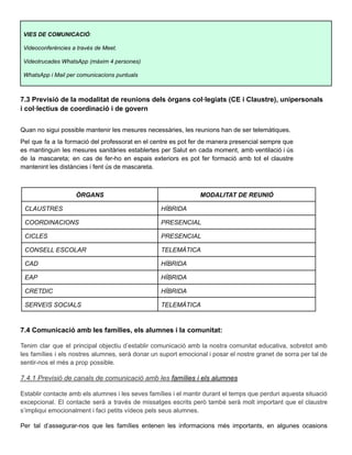 VIES DE COMUNICACIÓ:
Videoconferències a través de Meet.
Videotrucades WhatsApp (màxim 4 persones)
WhatsApp i Mail per comunicacions puntuals
7.3 Previsió de la modalitat de reunions dels òrgans col·legiats (CE i Claustre), unipersonals
i col·lectius de coordinació i de govern
Quan no sigui possible mantenir les mesures necessàries, les reunions han de ser telemàtiques.
Pel que fa a la formació del professorat en el centre es pot fer de manera presencial sempre que
es mantinguin les mesures sanitàries establertes per Salut en cada moment, amb ventilació i ús
de la mascareta; en cas de fer-ho en espais exteriors es pot fer formació amb tot el claustre
mantenint les distàncies i fent ús de mascareta.
ÒRGANS MODALITAT DE REUNIÓ
CLAUSTRES HÍBRIDA
COORDINACIONS PRESENCIAL
CICLES PRESENCIAL
CONSELL ESCOLAR TELEMÀTICA
CAD HÍBRIDA
EAP HÍBRIDA
CRETDIC HÍBRIDA
SERVEIS SOCIALS TELEMÀTICA
7.4 Comunicació amb les famílies, els alumnes i la comunitat:
Tenim clar que el principal objectiu d’establir comunicació amb la nostra comunitat educativa, sobretot amb
les famílies i els nostres alumnes, serà donar un suport emocional i posar el nostre granet de sorra per tal de
sentir-nos el més a prop possible.
7.4.1 Previsió de canals de comunicació amb les famílies i els alumnes
Establir contacte amb els alumnes i les seves famílies i el mantir durant el temps que perduri aquesta situació
excepcional. El contacte serà a través de missatges escrits però també serà molt important que el claustre
s’impliqui emocionalment i faci petits vídeos pels seus alumnes.
Per tal d’assegurar-nos que les famílies entenen les informacions més importants, en algunes ocasions
 