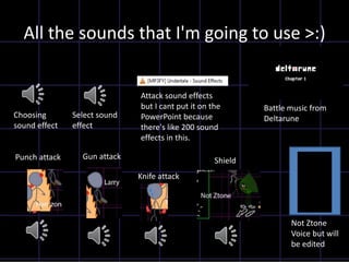 All the sounds that I'm going to use >:)
Choosing
sound effect
Select sound
effect
Battle music from
Deltarune
Attack sound effects
but I cant put it on the
PowerPoint because
there's like 200 sound
effects in this.
Not Ztone
Voice but will
be edited
Shield
Knife attack
Gun attack
Punch attack
 