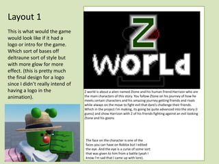 Layout 1
This is what would the game
would look like if it had a
logo or intro for the game.
Which sort of bases off
deltraune sort of style but
with more glow for more
effect. (this is pretty much
the final design for a logo
since I didn’t really intend of
having a logo in the
animation).
The face on the character is one of the
faces you can have on Roblox but I edited
the eye. And the eye is a curse of some sort
that was given to him from a battle (yeah I
know I'm sad that I came up with lore).
Z world is about a alien named Ztone and his human friend Harrizon who are
the main characters of this story. You follow Ztone on his journey of how he
meets certain characters and his amazing journey getting friends and rivals
while always on the move to fight evil that dare’s challenge their friends.
Which in the project I'm making, its going be quite advanced into the story (I
guess) and show Harrizon with 2 of his friends fighting against an evil looking
Ztone and his goons
 