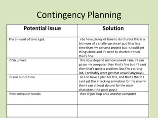 Contingency Planning
Potential Issue Solution
The amount of time I got. I do have plenty of time to do this but this is a
bit more of a challenge since I got little less
time than my persona project but I should get
things done and if I need to shorten it then
that’s fine
if I'm unwell. this dose depend on how unwell I am, if I can
go on my computer then that's fine but if I cant
then that’s quite a problem (but I'm a strong
lad, I probably wont get that unwell anyways)
if I run out of time. So I do have a plan for this, and that’s that if I
cant get the attacking animation for the enemy
then I can at least do one for the main
characters (the good guys)
if my computer breaks then ill just hop onto another computer
 