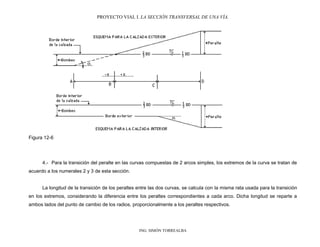 PROYECTO VIAL I. LA SECCIÓN TRANSVERSAL DE UNA VÍA.
ING. SIMÓN TORREALBA
Figura 12-6
4.- Para la transición del peralte en las curvas compuestas de 2 arcos simples, los extremos de la curva se tratan de
acuerdo a los numerales 2 y 3 de esta sección.
La longitud de la transición de los peraltes entre las dos curvas, se calcula con la misma rata usada para la transición
en los extremos, considerando la diferencia entre los peraltes correspondientes a cada arco. Dicha longitud se reparte a
ambos lados del punto de cambio de los radios, proporcionalmente a los peraltes respectivos.
 