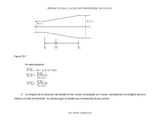 PROYECTO VIAL I. LA SECCIÓN TRANSVERSAL DE UNA VÍA.
ING. SIMÓN TORREALBA
Figura 12-7
En este esquema:
5.- La longitud de la transición del peralte en las curvas compuestas de 3 arcos, corresponde a la longitud del arco
externo y la rata de transición se calcula según el peralte que corresponda al arco central.
 