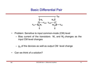 EECE488 Set 4 - Differential Amplifiers 10
SM
Basic Differential Pair
• Problem: Sensitive to input common-mode (CM) level
– Bias current of the transistors M1 and M2 changes as the
input CM level changes
– gm of the devices as well as output CM level change
• Can we think of a solution?
 