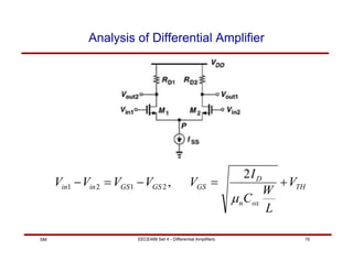 EECE488 Set 4 - Differential Amplifiers 19
SM
Analysis of Differential Amplifier
TH
ox
n
D
GS
GS
GS
in
in V
L
W
C
I
V
V
V
V
V +
=
−
=
−
µ
2
,
2
1
2
1
 