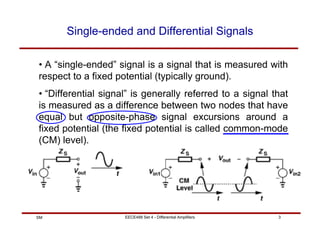 EECE488 Set 4 - Differential Amplifiers 3
SM
Single-ended and Differential Signals
• A “single-ended” signal is a signal that is measured with
respect to a fixed potential (typically ground).
• “Differential signal” is generally referred to a signal that
is measured as a difference between two nodes that have
equal but opposite-phase signal excursions around a
fixed potential (the fixed potential is called common-mode
(CM) level).
 
