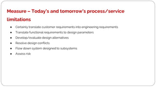 Measure – Today’s and tomorrow’s process/service
limitations
● Certainly translate customer requirements into engineering requirements
● Translate functional requirements to design parameters
● Develop/evaluate design alternatives
● Resolve design conflicts
● Flow down system designed to subsystems
● Assess risk
 