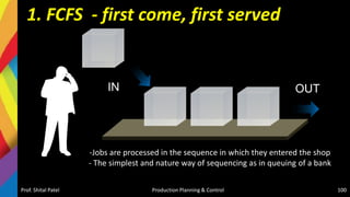1. FCFS - first come, first served
Prof. Shital Patel Production Planning & Control 100
IN OUT
-Jobs are processed in the sequence in which they entered the shop
- The simplest and nature way of sequencing as in queuing of a bank
 