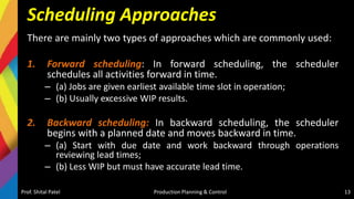 Scheduling Approaches
There are mainly two types of approaches which are commonly used:
1. Forward scheduling: In forward scheduling, the scheduler
schedules all activities forward in time.
– (a) Jobs are given earliest available time slot in operation;
– (b) Usually excessive WIP results.
2. Backward scheduling: In backward scheduling, the scheduler
begins with a planned date and moves backward in time.
– (a) Start with due date and work backward through operations
reviewing lead times;
– (b) Less WIP but must have accurate lead time.
Prof. Shital Patel Production Planning & Control 13
 
