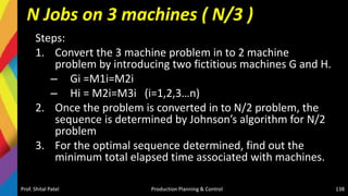 N Jobs on 3 machines ( N/3 )
Steps:
1. Convert the 3 machine problem in to 2 machine
problem by introducing two fictitious machines G and H.
– Gi =M1i=M2i
– Hi = M2i=M3i (i=1,2,3…n)
2. Once the problem is converted in to N/2 problem, the
sequence is determined by Johnson’s algorithm for N/2
problem
3. For the optimal sequence determined, find out the
minimum total elapsed time associated with machines.
Prof. Shital Patel Production Planning & Control 138
 