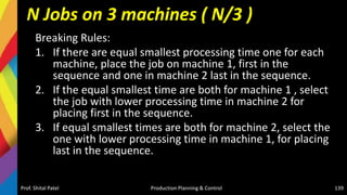 N Jobs on 3 machines ( N/3 )
Breaking Rules:
1. If there are equal smallest processing time one for each
machine, place the job on machine 1, first in the
sequence and one in machine 2 last in the sequence.
2. If the equal smallest time are both for machine 1 , select
the job with lower processing time in machine 2 for
placing first in the sequence.
3. If equal smallest times are both for machine 2, select the
one with lower processing time in machine 1, for placing
last in the sequence.
Prof. Shital Patel Production Planning & Control 139
 