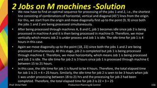 2 Jobs on M machines -Solution
• We now have to find an optimal sequence for processing of the jobs 1 and 2, i.e., the shortest
line consisting of combinations of horizontal, vertical and diagonal (45°) lines from the origin.
For this, we start from the origin and move diagonally first up to the point (9, 9) since both
the jobs 1 and 2 are being processed simultaneously.
• After being processed through machines A, B and C, job 1 becomes idle since job 2 is being
processed in machine A and it is then being processed in machine D. Therefore, we move
vertically which means Job 2 is under process and Job 1 is idle. The idle time for job 1 is 4
hours in this case.
• Again we move diagonally up to the point (18, 22) since both the jobs 1 and 2 are being
processed simultaneously. At this stage, job 2 is completed but job 1 is being processed
through machine E. Therefore, we move horizontally, which means Job 1 is being processed
and Job 2 is idle. The idle time for job 2 is 3 hours since job 1 is processed through machine E
between 15 to 21 hours.
• In this case, the idle time for job 1 is found to be 4 hours. Therefore, the total elapsed time
for Job 1 is 21 + 4 = 25 hours. Similarly, the idle time for job 2 is seen to be 3 hours when job
1 was under processing between 18 to 21 hrs and the processing for job 2 had been
completed. Therefore, the total elapsed time for job 2 is 22 + 3 = 25
Prof. Shital Patel Production Planning & Control 156
 