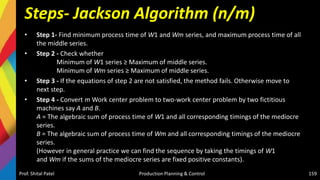 Steps- Jackson Algorithm (n/m)
• Step 1- Find minimum process time of W1 and Wm series, and maximum process time of all
the middle series.
• Step 2 - Check whether
Minimum of W1 series ≥ Maximum of middle series.
Minimum of Wm series ≥ Maximum of middle series.
• Step 3 - If the equations of step 2 are not satisfied, the method fails. Otherwise move to
next step.
• Step 4 - Convert m Work center problem to two-work center problem by two fictitious
machines say A and B.
A = The algebraic sum of process time of W1 and all corresponding timings of the mediocre
series.
B = The algebraic sum of process time of Wm and all corresponding timings of the mediocre
series.
(However in general practice we can find the sequence by taking the timings of W1
and Wm if the sums of the mediocre series are fixed positive constants).
Prof. Shital Patel Production Planning & Control 159
 