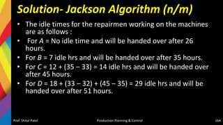 Solution- Jackson Algorithm (n/m)
• The idle times for the repairmen working on the machines
are as follows :
• For A = No idle time and will be handed over after 26
hours.
• For B = 7 idle hrs and will be handed over after 35 hours.
• For C = 12 + (35 – 33) = 14 idle hrs and will be handed over
after 45 hours.
• For D = 18 + (33 – 32) + (45 – 35) = 29 idle hrs and will be
handed over after 51 hours.
Prof. Shital Patel Production Planning & Control 164
 