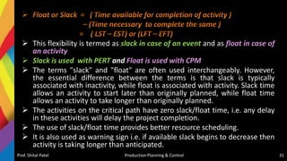  This flexibility is termed as slack in case of an event and as float in case of
an activity
 Slack is used with PERT and Float is used with CPM
 The terms "slack" and "float" are often used interchangeably. However,
the essential difference between the terms is that slack is typically
associated with inactivity, while float is associated with activity. Slack time
allows an activity to start later than originally planned, while float time
allows an activity to take longer than originally planned.
 The activities on the critical path have zero slack/float time, i.e. any delay
in these activities will delay the project completion.
 The use of slack/float time provides better resource scheduling.
 It is also used as warning sign i.e. if available slack begins to decrease then
activity is taking longer than anticipated.
Prof. Shital Patel Production Planning & Control 31
 