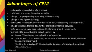 Advantages of CPM
• It shows the graphical view of the project.
• It discovers and makes dependencies visible.
• It helps in project planning, scheduling, and controlling.
• It helps in contingency planning.
• It shows the critical path, and identifies critical activities requiring special attention.
• It helps you assign the float to activities and flexibility to float activities.
• It shows you where you need to take action to bring project back on track.
• To shorten the planned critical path of a project by:
– Pruning (Trimming and cutting) critical path activities
– “Fast tracking" (To do more things in the same time in order to finish a job earlier
than normal or planned.)
– “Crashing the critical path" (Shortening the durations of critical path activities by
adding resources).
Prof. Shital Patel Production Planning & Control 50
 