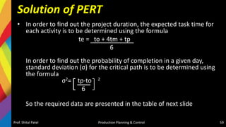 Solution of PERT
• In order to find out the project duration, the expected task time for
each activity is to be determined using the formula
te = to + 4tm + tp
6
In order to find out the probability of completion in a given day,
standard deviation (σ) for the critical path is to be determined using
the formula
σ2= tp-to 2
6
So the required data are presented in the table of next slide
Prof. Shital Patel Production Planning & Control 59
 