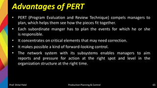 Advantages of PERT
• PERT (Program Evaluation and Review Technique) compels managers to
plan, which helps them see how the pieces fit together.
• Each subordinate manger has to plan the events for which he or she
is responsible.
• It concentrates on critical elements that may need correction.
• It makes possible a kind of forward-looking control.
• The network system with its subsystems enables managers to aim
reports and pressure for action at the right spot and level in the
organization structure at the right time.
Prof. Shital Patel Production Planning & Control 65
 