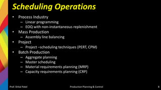 Scheduling Operations
• Process Industry
– Linear programming
– EOQ with non-instantaneous replenishment
• Mass Production
– Assembly line balancing
• Project
– Project –scheduling techniques (PERT, CPM)
• Batch Production
– Aggregate planning
– Master scheduling
– Material requirements planning (MRP)
– Capacity requirements planning (CRP)
Prof. Shital Patel Production Planning & Control 8
 