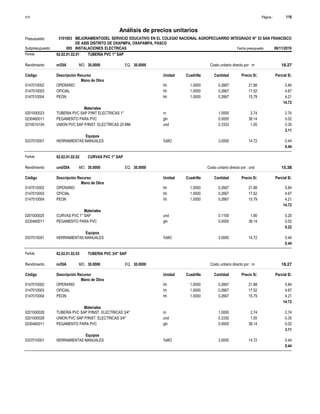 Página :
S10 116
3101003
Presupuesto MEJORAMIENTODEL SERVICIO EDUCATIVO EN EL COLEGIO NACIONAL AGROPECUARRIO INTEGRADO N° 53 SAN FRANCISCO
DE ASIS DISTRITO DE OXAPMPA, OXAPAMPA, PASCO
Análisis de precios unitarios
Partida 62.02.01.02.01 TUBERIA PVC 1" SAP
m/DIA 30.0000
Rendimiento Costo unitario directo por : m 18.27
30.0000
EQ.
MO.
Unidad Cuadrilla Cantidad Precio S/.
Código Descripción Recurso Parcial S/.
Mano de Obra
hh
0147010002 1.0000 0.2667 5.84
21.88
OPERARIO
hh
0147010003 1.0000 0.2667 4.67
17.52
OFICIAL
hh
0147010004 1.0000 0.2667 4.21
15.79
PEON
14.72
Materiales
m
0201000023 1.0000 2.74
2.74
TUBERIA PVC SAP P/INT ELECTRICAS 1"
gln
0230460011 0.0005 0.02
38.14
PEGAMENTO PARA PVC
und
0274010104 0.3333 0.35
1.05
UNION PVC SAP P/INST. ELECTRICAS 25 MM
3.11
Equipos
%MO
0337010001 3.0000 0.44
14.72
HERRAMIENTAS MANUALES
0.44
Partida 62.02.01.02.02 CURVAS PVC 1" SAP
und/DIA 30.0000
Rendimiento Costo unitario directo por : und 15.38
30.0000
EQ.
MO.
Unidad Cuadrilla Cantidad Precio S/.
Código Descripción Recurso Parcial S/.
Mano de Obra
hh
0147010002 1.0000 0.2667 5.84
21.88
OPERARIO
hh
0147010003 1.0000 0.2667 4.67
17.52
OFICIAL
hh
0147010004 1.0000 0.2667 4.21
15.79
PEON
14.72
Materiales
und
0201000025 0.1100 0.20
1.80
CURVAS PVC 1" SAP
gln
0230460011 0.0005 0.02
38.14
PEGAMENTO PARA PVC
0.22
Equipos
%MO
0337010001 3.0000 0.44
14.72
HERRAMIENTAS MANUALES
0.44
Partida 62.02.01.02.03 TUBERIA PVC 3/4" SAP
m/DIA 30.0000
Rendimiento Costo unitario directo por : m 18.27
30.0000
EQ.
MO.
Unidad Cuadrilla Cantidad Precio S/.
Código Descripción Recurso Parcial S/.
Mano de Obra
hh
0147010002 1.0000 0.2667 5.84
21.88
OPERARIO
hh
0147010003 1.0000 0.2667 4.67
17.52
OFICIAL
hh
0147010004 1.0000 0.2667 4.21
15.79
PEON
14.72
Materiales
m
0201000028 1.0000 2.74
2.74
TUBERIA PVC SAP P/INST. ELECTRICAS 3/4"
und
0201000029 0.3330 0.35
1.05
UNION PVC SAP P/INST. ELECTRICAS 3/4"
gln
0230460011 0.0005 0.02
38.14
PEGAMENTO PARA PVC
3.11
Equipos
%MO
0337010001 3.0000 0.44
14.72
HERRAMIENTAS MANUALES
0.44
Subpresupuesto 005 INSTALACIONES ELECTRICAS Fecha presupuesto 06/11/2019
 