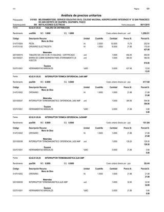 Página :
S10 121
3101003
Presupuesto MEJORAMIENTODEL SERVICIO EDUCATIVO EN EL COLEGIO NACIONAL AGROPECUARRIO INTEGRADO N° 53 SAN FRANCISCO
DE ASIS DISTRITO DE OXAPMPA, OXAPAMPA, PASCO
Análisis de precios unitarios
Partida 62.02.01.05.02 TABLERO DE DISTRIBUCION
und/DIA 1.0000
Rendimiento Costo unitario directo por : und 1,250.51
1.0000
EQ.
MO.
Unidad Cuadrilla Cantidad Precio S/.
Código Descripción Recurso Parcial S/.
Mano de Obra
hh
0147010004 2.0000 16.0000 252.64
15.79
PEON
hh
0147010100 1.0000 8.0000 175.04
21.88
OPERARIO ELECTRICISTA
427.68
Materiales
und
0201000019 1.0000 450.00
450.00
TABLERO DE 0.50 X 0.80 (10 SALIDAS) - CERTIFICADO
und
0201000021 1.0000 360.00
360.00
BARRA DE COBRE BORNERA PARA ATERRAMIENTO 24
HUECOS
810.00
Equipos
%MO
0337010001 3.0000 12.83
427.68
HERRAMIENTAS MANUALES
12.83
Partida 62.02.01.05.03 INTERRUPTOR TERMICA DIFERENCIAL 2x60 AMP
pza/DIA 8.0000
Rendimiento Costo unitario directo por : pza 417.50
8.0000
EQ.
MO.
Unidad Cuadrilla Cantidad Precio S/.
Código Descripción Recurso Parcial S/.
Mano de Obra
hh
0147010002 1.0000 1.0000 21.88
21.88
OPERARIO
21.88
Materiales
und
0201000037 1.0000 394.96
394.96
INTERRUPTOR TERMOMAGNETICO DIFERENCIAL 2x60 AMP
394.96
Equipos
%MO
0337010001 3.0000 0.66
21.88
HERRAMIENTAS MANUALES
0.66
Partida 62.02.01.05.04 INTERRUPTOR TERMICA DIFERENCIAL 2x50AMP
pza/DIA 8.0000
Rendimiento Costo unitario directo por : pza 151.84
8.0000
EQ.
MO.
Unidad Cuadrilla Cantidad Precio S/.
Código Descripción Recurso Parcial S/.
Mano de Obra
hh
0147010002 1.0000 1.0000 21.88
21.88
OPERARIO
21.88
Materiales
und
0201000038 1.0000 129.30
129.30
INTERRUPTOR TERMOMAGNETICO DIFERENCIAL 2x50 AMP
129.30
Equipos
%MO
0337010001 3.0000 0.66
21.88
HERRAMIENTAS MANUALES
0.66
Partida 62.02.01.05.05 INTERRUPTOR TERMOMAGNETICA 2x20 AMP
pza/DIA 8.0000
Rendimiento Costo unitario directo por : pza 55.44
8.0000
EQ.
MO.
Unidad Cuadrilla Cantidad Precio S/.
Código Descripción Recurso Parcial S/.
Mano de Obra
hh
0147010002 1.0000 1.0000 21.88
21.88
OPERARIO
21.88
Materiales
und
0201000039 1.0000 32.90
32.90
INTERRUPTOR TERMOMAGNETICA 2x20 AMP
32.90
Equipos
%MO
0337010001 3.0000 0.66
21.88
HERRAMIENTAS MANUALES
0.66
Subpresupuesto 005 INSTALACIONES ELECTRICAS Fecha presupuesto 06/11/2019
 