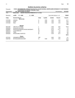 Página :
S10 124
3101003
Presupuesto MEJORAMIENTODEL SERVICIO EDUCATIVO EN EL COLEGIO NACIONAL AGROPECUARRIO INTEGRADO N° 53 SAN FRANCISCO
DE ASIS DISTRITO DE OXAPMPA, OXAPAMPA, PASCO
Análisis de precios unitarios
Partida 62.02.01.09.02 SOPORTE PARA REFLECTORES DE D= 2.5", e= 2.5mm
und/DIA 6.0000
Rendimiento Costo unitario directo por : und 206.88
6.0000
EQ.
MO.
Unidad Cuadrilla Cantidad Precio S/.
Código Descripción Recurso Parcial S/.
Mano de Obra
hh
0147010002 1.0000 1.3333 29.17
21.88
OPERARIO
hh
0147010003 1.0000 1.3333 23.36
17.52
OFICIAL
hh
0147010004 1.0000 1.3333 21.05
15.79
PEON
73.58
Materiales
m
0205110007 3.1500 102.38
32.50
TUBO FºGº 2.5" STANDAR
kg
0229550094 0.1000 1.19
11.86
SOLDADURA CELLOCORD
gln
0230260067 0.0120 1.32
110.17
PINTURA ANTICORROSIVA EPOXICA ZINCROMATO
pza
0239020104 0.2000 0.34
1.70
LIJA DE FIERRO # 60
gln
0253030027 0.0500 0.68
13.56
THINER
gln
0254020042 0.1200 3.85
32.12
PINTURA ESMALTE SINTETICO
109.76
Equipos
%MO
0337010001 3.0000 2.21
73.58
HERRAMIENTAS MANUALES
hm
0349070050 1.0000 1.3333 21.33
16.00
MOTOSOLDADORA DE 250 AMP.
23.54
Subpresupuesto 005 INSTALACIONES ELECTRICAS Fecha presupuesto 06/11/2019
 