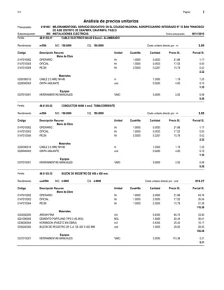 Página :
S10 2
3101003
Presupuesto MEJORAMIENTODEL SERVICIO EDUCATIVO EN EL COLEGIO NACIONAL AGROPECUARRIO INTEGRADO N° 53 SAN FRANCISCO
DE ASIS DISTRITO DE OXAPMPA, OXAPAMPA, PASCO
Análisis de precios unitarios
Partida 49.01.03.01 CABLE ELECTRICO NH-80 2.5mm2 - ALUMBRADO
m/DIA 150.0000
Rendimiento Costo unitario directo por : m 3.95
150.0000
EQ.
MO.
Unidad Cuadrilla Cantidad Precio S/.
Código Descripción Recurso Parcial S/.
Mano de Obra
hh
0147010002 1.0000 0.0533 1.17
21.88
OPERARIO
hh
0147010003 1.0000 0.0533 0.93
17.52
OFICIAL
hh
0147010004 0.5000 0.0267 0.42
15.79
PEON
2.52
Materiales
m
0206300010 1.0500 1.25
1.19
CABLE 2.5 MM2 NH-80
und
0229040003 0.0250 0.10
4.00
CINTA AISLANTE
1.35
Equipos
%MO
0337010001 3.0000 0.08
2.52
HERRAMIENTAS MANUALES
0.08
Partida 49.01.03.02 CONDUCTOR NH80 4 mm2 TOMACORRIENTE
m/DIA 150.0000
Rendimiento Costo unitario directo por : m 3.95
150.0000
EQ.
MO.
Unidad Cuadrilla Cantidad Precio S/.
Código Descripción Recurso Parcial S/.
Mano de Obra
hh
0147010002 1.0000 0.0533 1.17
21.88
OPERARIO
hh
0147010003 1.0000 0.0533 0.93
17.52
OFICIAL
hh
0147010004 0.5000 0.0267 0.42
15.79
PEON
2.52
Materiales
m
0206300010 1.0500 1.25
1.19
CABLE 2.5 MM2 NH-80
und
0229040003 0.0250 0.10
4.00
CINTA AISLANTE
1.35
Equipos
%MO
0337010001 3.0000 0.08
2.52
HERRAMIENTAS MANUALES
0.08
Partida 49.01.03.03 BUZON DE REGISTRO DE 400 x 400 mm.
und/DIA 4.0000
Rendimiento Costo unitario directo por : und 216.27
4.0000
EQ.
MO.
Unidad Cuadrilla Cantidad Precio S/.
Código Descripción Recurso Parcial S/.
Mano de Obra
hh
0147010002 1.0000 2.0000 43.76
21.88
OPERARIO
hh
0147010003 1.0000 2.0000 35.04
17.52
OFICIAL
hh
0147010004 1.0000 2.0000 31.58
15.79
PEON
110.38
Materiales
m3
0204000000 0.4000 33.90
84.75
ARENA FINA
BOL
0221000000 1.5000 30.51
20.34
CEMENTO PORTLAND TIPO I (42.5KG)
m3
0238000004 0.4000 10.17
25.42
HORMIGON (PUESTO EN OBRA)
und
0256240004 1.0000 28.00
28.00
BUZON DE REGISTRO DE C.A. DE 400 X 400 MM
102.58
Equipos
%MO
0337010001 3.0000 3.31
110.38
HERRAMIENTAS MANUALES
3.31
Subpresupuesto 005 INSTALACIONES ELECTRICAS Fecha presupuesto 06/11/2019
 