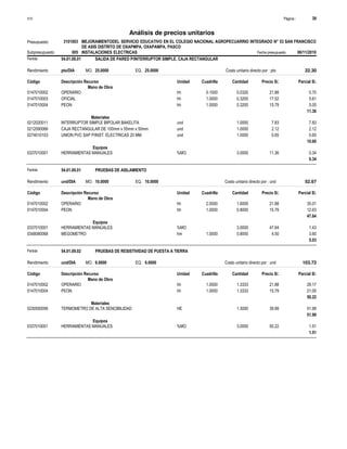 Página :
S10 39
3101003
Presupuesto MEJORAMIENTODEL SERVICIO EDUCATIVO EN EL COLEGIO NACIONAL AGROPECUARRIO INTEGRADO N° 53 SAN FRANCISCO
DE ASIS DISTRITO DE OXAPMPA, OXAPAMPA, PASCO
Análisis de precios unitarios
Partida 54.01.08.01 SALIDA DE PARED P/INTERRUPTOR SIMPLE, CAJA RECTANGULAR
pto/DIA 25.0000
Rendimiento Costo unitario directo por : pto 22.30
25.0000
EQ.
MO.
Unidad Cuadrilla Cantidad Precio S/.
Código Descripción Recurso Parcial S/.
Mano de Obra
hh
0147010002 0.1000 0.0320 0.70
21.88
OPERARIO
hh
0147010003 1.0000 0.3200 5.61
17.52
OFICIAL
hh
0147010004 1.0000 0.3200 5.05
15.79
PEON
11.36
Materiales
und
0212020011 1.0000 7.83
7.83
INTERRUPTOR SIMPLE BIPOLAR BAKELITA
und
0212090066 1.0000 2.12
2.12
CAJA RECTANGULAR DE 100mm x 55mm x 50mm
und
0274010103 1.0000 0.65
0.65
UNION PVC SAP P/INST. ELECTRICAS 20 MM
10.60
Equipos
%MO
0337010001 3.0000 0.34
11.36
HERRAMIENTAS MANUALES
0.34
Partida 54.01.09.01 PRUEBAS DE AISLAMIENTO
und/DIA 10.0000
Rendimiento Costo unitario directo por : und 52.67
10.0000
EQ.
MO.
Unidad Cuadrilla Cantidad Precio S/.
Código Descripción Recurso Parcial S/.
Mano de Obra
hh
0147010002 2.0000 1.6000 35.01
21.88
OPERARIO
hh
0147010004 1.0000 0.8000 12.63
15.79
PEON
47.64
Equipos
%MO
0337010001 3.0000 1.43
47.64
HERRAMIENTAS MANUALES
hm
0348080068 1.0000 0.8000 3.60
4.50
MEGOMETRO
5.03
Partida 54.01.09.02 PRUEBAS DE RESISTIVIDAD DE PUESTA A TIERRA
und/DIA 6.0000
Rendimiento Costo unitario directo por : und 103.72
6.0000
EQ.
MO.
Unidad Cuadrilla Cantidad Precio S/.
Código Descripción Recurso Parcial S/.
Mano de Obra
hh
0147010002 1.0000 1.3333 29.17
21.88
OPERARIO
hh
0147010004 1.0000 1.3333 21.05
15.79
PEON
50.22
Materiales
HE
0230550056 1.3000 51.99
39.99
TERMOMETRO DE ALTA SENCIBILIDAD
51.99
Equipos
%MO
0337010001 3.0000 1.51
50.22
HERRAMIENTAS MANUALES
1.51
Subpresupuesto 005 INSTALACIONES ELECTRICAS Fecha presupuesto 06/11/2019
 