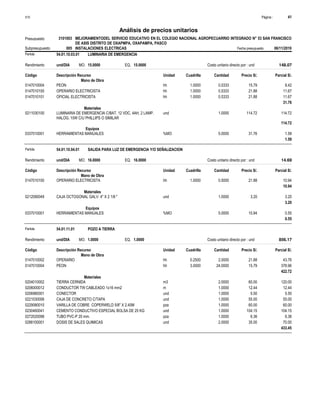 Página :
S10 41
3101003
Presupuesto MEJORAMIENTODEL SERVICIO EDUCATIVO EN EL COLEGIO NACIONAL AGROPECUARRIO INTEGRADO N° 53 SAN FRANCISCO
DE ASIS DISTRITO DE OXAPMPA, OXAPAMPA, PASCO
Análisis de precios unitarios
Partida 54.01.10.03.01 LUMINARIA DE EMERGENCIA
und/DIA 15.0000
Rendimiento Costo unitario directo por : und 148.07
15.0000
EQ.
MO.
Unidad Cuadrilla Cantidad Precio S/.
Código Descripción Recurso Parcial S/.
Mano de Obra
hh
0147010004 1.0000 0.5333 8.42
15.79
PEON
hh
0147010100 1.0000 0.5333 11.67
21.88
OPERARIO ELECTRICISTA
hh
0147010101 1.0000 0.5333 11.67
21.88
OFICIAL ELECTRICISTA
31.76
Materiales
und
0211030100 1.0000 114.72
114.72
LUMINARIA DE EMERGENCIA C/BAT. 12 VDC, 4AH, 2 LAMP.
HALOG. 10W C/U PHILLIPS O SIMILAR
114.72
Equipos
%MO
0337010001 5.0000 1.59
31.76
HERRAMIENTAS MANUALES
1.59
Partida 54.01.10.04.01 SALIDA PARA LUZ DE EMERGENCIA Y/O SEÑALIZACION
und/DIA 16.0000
Rendimiento Costo unitario directo por : und 14.69
16.0000
EQ.
MO.
Unidad Cuadrilla Cantidad Precio S/.
Código Descripción Recurso Parcial S/.
Mano de Obra
hh
0147010100 1.0000 0.5000 10.94
21.88
OPERARIO ELECTRICISTA
10.94
Materiales
und
0212090049 1.0000 3.20
3.20
CAJA OCTOGONAL GALV. 4" X 2 1/8 "
3.20
Equipos
%MO
0337010001 5.0000 0.55
10.94
HERRAMIENTAS MANUALES
0.55
Partida 54.01.11.01 POZO A TIERRA
und/DIA 1.0000
Rendimiento Costo unitario directo por : und 856.17
1.0000
EQ.
MO.
Unidad Cuadrilla Cantidad Precio S/.
Código Descripción Recurso Parcial S/.
Mano de Obra
hh
0147010002 0.2500 2.0000 43.76
21.88
OPERARIO
hh
0147010004 3.0000 24.0000 378.96
15.79
PEON
422.72
Materiales
m3
0204010002 2.0000 120.00
60.00
TIERRA CERNIDA
m
0206000012 1.0000 12.44
12.44
CONDUCTOR TW CABLEADO 1x16 mm2
und
0206980001 1.0000 5.50
5.50
CONECTOR
und
0221030006 1.0000 55.00
55.00
CAJA DE CONCRETO C/TAPA
pza
0229080010 1.0000 60.00
60.00
VARILLA DE COBRE COPERWELD 5/8" X 2.40M
und
0230460041 1.0000 104.15
104.15
CEMENTO CONDUCTIVO ESPECIAL BOLSA DE 25 KG
pza
0272020098 1.0000 6.36
6.36
TUBO PVC-P 20 mm.
und
0288100001 2.0000 70.00
35.00
DOSIS DE SALES QUIMICAS
433.45
Subpresupuesto 005 INSTALACIONES ELECTRICAS Fecha presupuesto 06/11/2019
 