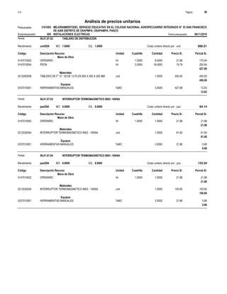 Página :
S10 56
3101003
Presupuesto MEJORAMIENTODEL SERVICIO EDUCATIVO EN EL COLEGIO NACIONAL AGROPECUARRIO INTEGRADO N° 53 SAN FRANCISCO
DE ASIS DISTRITO DE OXAPMPA, OXAPAMPA, PASCO
Análisis de precios unitarios
Partida 56.01.07.02 TABLERO DE DISTRIBUCION
und/DIA 1.0000
Rendimiento Costo unitario directo por : und 890.51
1.0000
EQ.
MO.
Unidad Cuadrilla Cantidad Precio S/.
Código Descripción Recurso Parcial S/.
Mano de Obra
hh
0147010002 1.0000 8.0000 175.04
21.88
OPERARIO
hh
0147010004 2.0000 16.0000 252.64
15.79
PEON
427.68
Materiales
und
0212000058 1.0000 450.00
450.00
TABLERO DE F° G° 1Ø DE 12 PLOS 850 X 500 X 250 MM
450.00
Equipos
%MO
0337010001 3.0000 12.83
427.68
HERRAMIENTAS MANUALES
12.83
Partida 56.01.07.03 INTERRUPTOR TERMOMAGNETICO 8902 -10KNA
pza/DIA 8.0000
Rendimiento Costo unitario directo por : pza 84.14
8.0000
EQ.
MO.
Unidad Cuadrilla Cantidad Precio S/.
Código Descripción Recurso Parcial S/.
Mano de Obra
hh
0147010002 1.0000 1.0000 21.88
21.88
OPERARIO
21.88
Materiales
und
0212030044 1.0000 61.60
61.60
INTERRUPTOR TERMOMAGNETICO 8902 - 10KNA
61.60
Equipos
%MO
0337010001 3.0000 0.66
21.88
HERRAMIENTAS MANUALES
0.66
Partida 56.01.07.04 INTERRUPTOR TERMOMAGNETICO 8903 -10KNA
pza/DIA 8.0000
Rendimiento Costo unitario directo por : pza 123.34
8.0000
EQ.
MO.
Unidad Cuadrilla Cantidad Precio S/.
Código Descripción Recurso Parcial S/.
Mano de Obra
hh
0147010002 1.0000 1.0000 21.88
21.88
OPERARIO
21.88
Materiales
und
0212030045 1.0000 100.80
100.80
INTERRUPTOR TERMOMAGNETICO 8903 - 10KNA
100.80
Equipos
%MO
0337010001 3.0000 0.66
21.88
HERRAMIENTAS MANUALES
0.66
Subpresupuesto 005 INSTALACIONES ELECTRICAS Fecha presupuesto 06/11/2019
 