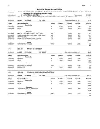 Página :
S10 77
3101003
Presupuesto MEJORAMIENTODEL SERVICIO EDUCATIVO EN EL COLEGIO NACIONAL AGROPECUARRIO INTEGRADO N° 53 SAN FRANCISCO
DE ASIS DISTRITO DE OXAPMPA, OXAPAMPA, PASCO
Análisis de precios unitarios
Partida 58.01.09.01 SALIDA PARA TOMACORRIENTE BIPOLAR DOBLE CON PUESTA TIERRA, CAJA RECTANGULAR
pto/DIA 7.0000
Rendimiento Costo unitario directo por : pto 37.70
7.0000
EQ.
MO.
Unidad Cuadrilla Cantidad Precio S/.
Código Descripción Recurso Parcial S/.
Mano de Obra
hh
0147010002 0.1000 0.1143 2.50
21.88
OPERARIO
hh
0147010004 1.0000 1.1429 18.05
15.79
PEON
20.55
Materiales
und
0212090066 1.0000 2.12
2.12
CAJA RECTANGULAR DE 100mm x 55mm x 50mm
und
0212340055 1.0000 12.71
12.71
TOMACORRIENTE BIPOLAR DOBLE C/ TOMA TIERRA
und
0229040003 0.1000 0.40
4.00
CINTA AISLANTE
und
0274010103 2.0000 1.30
0.65
UNION PVC SAP P/INST. ELECTRICAS 20 MM
16.53
Equipos
%MO
0337010001 3.0000 0.62
20.55
HERRAMIENTAS MANUALES
0.62
Partida 58.01.10.01 PRUEBAS DE AISLAMIENTO
und/DIA 10.0000
Rendimiento Costo unitario directo por : und 52.67
10.0000
EQ.
MO.
Unidad Cuadrilla Cantidad Precio S/.
Código Descripción Recurso Parcial S/.
Mano de Obra
hh
0147010002 2.0000 1.6000 35.01
21.88
OPERARIO
hh
0147010004 1.0000 0.8000 12.63
15.79
PEON
47.64
Equipos
%MO
0337010001 3.0000 1.43
47.64
HERRAMIENTAS MANUALES
hm
0348080068 1.0000 0.8000 3.60
4.50
MEGOMETRO
5.03
Partida 58.01.10.02 PRUEBAS DE RESISTIVIDAD DE PUESTA A TIERRA
und/DIA 6.0000
Rendimiento Costo unitario directo por : und 103.72
6.0000
EQ.
MO.
Unidad Cuadrilla Cantidad Precio S/.
Código Descripción Recurso Parcial S/.
Mano de Obra
hh
0147010002 1.0000 1.3333 29.17
21.88
OPERARIO
hh
0147010004 1.0000 1.3333 21.05
15.79
PEON
50.22
Materiales
HE
0230550056 1.3000 51.99
39.99
TERMOMETRO DE ALTA SENCIBILIDAD
51.99
Equipos
%MO
0337010001 3.0000 1.51
50.22
HERRAMIENTAS MANUALES
1.51
Subpresupuesto 005 INSTALACIONES ELECTRICAS Fecha presupuesto 06/11/2019
 