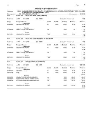 Página :
S10 97
3101003
Presupuesto MEJORAMIENTODEL SERVICIO EDUCATIVO EN EL COLEGIO NACIONAL AGROPECUARRIO INTEGRADO N° 53 SAN FRANCISCO
DE ASIS DISTRITO DE OXAPMPA, OXAPAMPA, PASCO
Análisis de precios unitarios
Partida 60.01.11.04.01 SALIDA PARA RED DE DATOS (COMPUTOS)
und/DIA 16.0000
Rendimiento Costo unitario directo por : und 14.69
16.0000
EQ.
MO.
Unidad Cuadrilla Cantidad Precio S/.
Código Descripción Recurso Parcial S/.
Mano de Obra
hh
0147010100 1.0000 0.5000 10.94
21.88
OPERARIO ELECTRICISTA
10.94
Materiales
und
0212090049 1.0000 3.20
3.20
CAJA OCTOGONAL GALV. 4" X 2 1/8 "
3.20
Equipos
%MO
0337010001 5.0000 0.55
10.94
HERRAMIENTAS MANUALES
0.55
Partida 60.01.11.04.02 SALIDA PARA LUZ DE EMERGENCIA Y/O SEÑALIZACION
und/DIA 16.0000
Rendimiento Costo unitario directo por : und 14.69
16.0000
EQ.
MO.
Unidad Cuadrilla Cantidad Precio S/.
Código Descripción Recurso Parcial S/.
Mano de Obra
hh
0147010100 1.0000 0.5000 10.94
21.88
OPERARIO ELECTRICISTA
10.94
Materiales
und
0212090049 1.0000 3.20
3.20
CAJA OCTOGONAL GALV. 4" X 2 1/8 "
3.20
Equipos
%MO
0337010001 5.0000 0.55
10.94
HERRAMIENTAS MANUALES
0.55
Partida 60.01.11.04.03 PANEL DE CONTROL DE INFORMATICA
und/DIA 0.2500
Rendimiento Costo unitario directo por : und 6,311.60
0.2500
EQ.
MO.
Unidad Cuadrilla Cantidad Precio S/.
Código Descripción Recurso Parcial S/.
Mano de Obra
hh
0147010002 1.0000 32.0000 700.16
21.88
OPERARIO
hh
0147010004 1.0000 32.0000 505.28
15.79
PEON
1,205.44
Materiales
und
0206980006 1.0000 1,020.00
1,020.00
CONCENTRADOR DE SEÑALES 12 SALIDAS
und
0206980007 1.0000 1,800.00
1,800.00
MODULADOR DE SEÑALES (MODEM) P/20 PCs
und
0206980008 1.0000 2,250.00
2,250.00
ROUTER VELOCIDAD MEMORIA 100 MBIT/SEG
5,070.00
Equipos
%MO
0337010001 3.0000 36.16
1,205.44
HERRAMIENTAS MANUALES
36.16
Subpresupuesto 005 INSTALACIONES ELECTRICAS Fecha presupuesto 06/11/2019
 