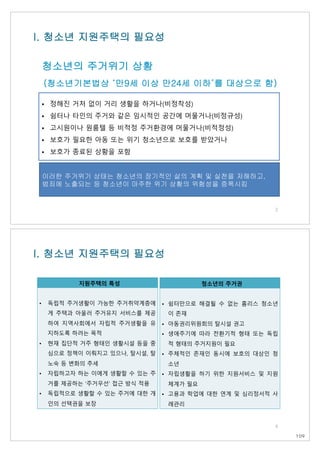 • 정해진 거처 없이 거리 생활을 하거나(비정착성)
• 쉼터나 타인의 주거와 같은 임시적인 공간에 머물거나(비정규성)
• 고시원이나 원룸텔 등 비적정 주거환경에 머물거나(비적정성)
• 보호가 필요한 아동 또는 위기 청소년으로 보호를 받았거나
• 보호가 종료된 상황을 포함
I. 청소년 지원주택의 필요성
청소년의 주거위기 상황
(청소년기본법상 ‘만9세 이상 만24세 이하’를 대상으로 함)
이러한 주거위기 상태는 청소년의 장기적인 삶의 계획 및 실천을 저해하고,
범죄에 노출되는 등 청소년이 마주한 위기 상황의 위험성을 증폭시킴
3
I. 청소년 지원주택의 필요성
지원주택의 특성
• 독립적 주거생활이 가능한 주거취약계층에
게 주택과 아울러 주거유지 서비스를 제공
하여 지역사회에서 자립적 주거생활을 유
지하도록 하려는 목적
• 현재 집단적 거주 형태인 생활시설 등을 중
심으로 정책이 이뤄지고 있으나, 탈시설, 탈
노숙 등 변화의 추세
• 자립하고자 하는 이에게 생활할 수 있는 주
거를 제공하는 ‘주거우선’ 접근 방식 적용
• 독립적으로 생활할 수 있는 주거에 대한 개
인의 선택권을 보장
청소년의 주거권
• 쉼터만으로 해결될 수 없는 홈리스 청소년
이 존재
• 아동권리위원회의 탈시설 권고
• 생애주기에 따라 전환기적 형태 또는 독립
적 형태의 주거지원이 필요
• 주체적인 존재인 동시에 보호의 대상인 청
소년
• 자립생활을 하기 위한 지원서비스 및 지원
체계가 필요
• 고용과 학업에 대한 연계 및 심리정서적 사
례관리
4
109
 
