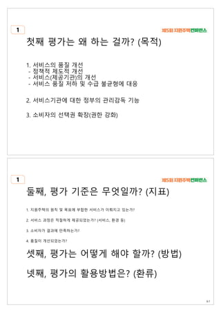 첫째 평가는 왜 하는 걸까? (목적)
1. 서비스의 품질 개선
- 정책적 제도적 개선
- 서비스(제공기관)의 개선
- 서비스 품질 저하 및 수급 불균형에 대응
2. 서비스기관에 대한 정부의 관리감독 기능
3. 소비자의 선택권 확장(권한 강화)
1
1. 지원주택의 원칙 및 목표에 부합한 서비스가 이뤄지고 있는가?
2. 서비스 과정은 적절하게 제공되었는가? (서비스, 환경 등)
3. 소비자가 결과에 만족하는가?
4. 품질이 개선되었는가?
셋째, 평가는 어떻게 해야 할까? (방법)
넷째, 평가의 활용방법은? (환류)
둘째, 평가 기준은 무엇일까? (지표)
1
61
 
