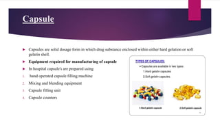 Capsule
 Capsules are solid dosage form in which drug substance enclosed within either hard gelation or soft
gelatin shell.
 Equipment required for manufacturing of capsule
 In hospital capsule's are prepared using
1. hand operated capsule filling machine
2. Mixing and blending equipment
3. Capsule filling unit
4. Capsule counters
 