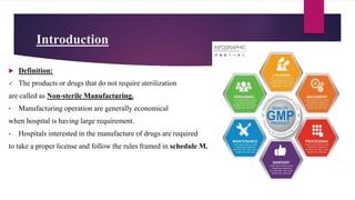Introduction
 Definition:
 The products or drugs that do not require sterilization
are called as Non-sterile Manufacturing.
• Manufacturing operation are generally economical
when hospital is having large requirement.
• Hospitals interested in the manufacture of drugs are required
to take a proper license and follow the rules framed in schedule M.
 