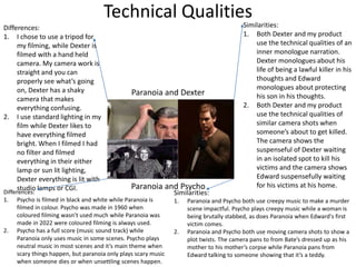 Technical Qualities
Similarities:
1. Both Dexter and my product
use the technical qualities of an
inner monologue narration.
Dexter monologues about his
life of being a lawful killer in his
thoughts and Edward
monologues about protecting
his son in his thoughts.
2. Both Dexter and my product
use the technical qualities of
similar camera shots when
someone’s about to get killed.
The camera shows the
suspenseful of Dexter waiting
in an isolated spot to kill his
victims and the camera shows
Edward suspensefully waiting
for his victims at his home.
Differences:
1. I chose to use a tripod for
my filming, while Dexter is
filmed with a hand held
camera. My camera work is
straight and you can
properly see what’s going
on, Dexter has a shaky
camera that makes
everything confusing.
2. I use standard lighting in my
film while Dexter likes to
have everything filmed
bright. When I filmed I had
no filter and filmed
everything in their either
lamp or sun lit lighting,
Dexter everything is lit with
studio lamps or CGI.
Differences:
1. Psycho is filmed in black and white while Paranoia is
filmed in colour. Psycho was made in 1960 when
coloured filming wasn’t used much while Paranoia was
made in 2022 were coloured filming is always used.
2. Psycho has a full score (music sound track) while
Paranoia only uses music in some scenes. Psycho plays
neutral music in most scenes and it’s main theme when
scary things happen, but paranoia only plays scary music
when someone dies or when unsettling scenes happen.
Similarities:
1. Paranoia and Psycho both use creepy music to make a murder
scene impactful. Psycho plays creepy music while a woman is
being brutally stabbed, as does Paranoia when Edward's first
victim comes.
2. Paranoia and Psycho both use moving camera shots to show a
plot twists. The camera pans to from Bate’s dressed up as his
mother to his mother’s corpse while Paranoia pans from
Edward talking to someone showing that it’s a teddy.
Paranoia and Dexter
Paranoia and Psycho
 