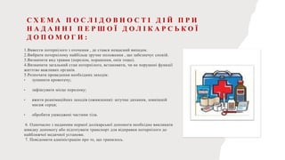 С Х Е М А П О С Л І Д О В Н О С Т І Д І Й П Р И
Н А Д А Н Н І П Е Р Ш О Ї Д О Л І К А Р С Ь К О Ї
Д О П О М О Г И :
1.Вивести потерпілого з оточення , де стався нещасний випадок.
2.Вибрати потерпілому найбільш зручне положення , що забезпечує спокій.
3.Визначити вид травми (перелом, поранення, опік тощо).
4.Визначити загальний стан потерпілого, встановити, чи не порушені функції
життєво важливих органів.
5.Розпочати проведення необхідних заходів:
• зупинити кровотечу;
• зафіксувати місце перелому;
• вжити реанімаційних заходів (оживлення): штучне дихання, зовнішній
масаж серця;
• обробити ушкоджені частини тіла.
6. Одночасно з наданням першої долікарської допомоги необхідно викликати
швидку допомогу або підготувати транспорт для відправки потерпілого до
найближчої медичної установи.
7. Повідомити адміністрацію про те, що трапилось.
 