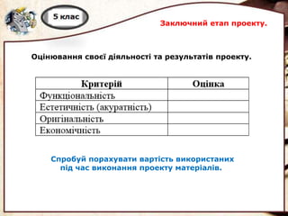 Заключний етап проекту.
Спробуй порахувати вартість використаних
під час виконання проекту матеріалів.
Оцінювання своєї діяльності та результатів проекту.
 