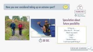 Have you ever considered taking up an extreme sport?
STUDENT


B
SPEAKING PART 2


1 min long turn


+ 30 sec comment
Speculation about


future possibility
I'd love to ...


One day I'll ... for sure!


Never say never!


I might ...


I may ...


I doubt I'll ever ...


I can't see myself doing it.


30 SEC
 