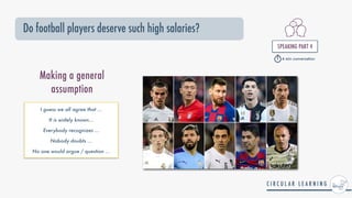 Do football players deserve such high salaries?
SPEAKING PART 4


4 min conversation
I guess we all agree that ...


It is widely known...


Everybody recognizes ...


Nobody doubts ...


No one would argue / question ...


Making a general
assumption
 