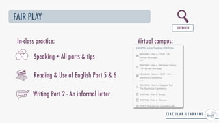 FAIR PLAY
Virtual campus:
In-class practice:
Reading & Use of English Part 5 & 6
Speaking + All parts & tips
Writing Part 2 - An informal letter
OVERVIEW
 