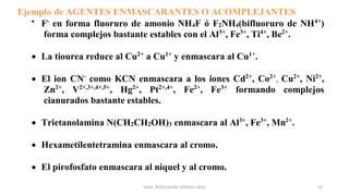 32
Ejemplo de AGENTES ENMASCARANTES O ACOMPLEJANTES
•
F-
en forma fluoruro de amonio NH4F ó F2NH4(bifluoruro de NH4+
)
forma complejos bastante estables con el Al3+
, Fe3+
, Ti4+
, Be2+
.
• La tiourea reduce al Cu2+
a Cu1+
y enmascara al Cu1+
.
• El ion CN-
como KCN enmascara a los iones Cd2+
, Co2+
, Cu2+
, Ni2+
,
Zn2+
, V2+,3+,4+,5+
, Hg2+
, Pt2+,4+
, Fe2+
, Fe3+
formando complejos
cianurados bastante estables.
• Trietanolamina N(CH2CH2OH)3 enmascara al Al3+
, Fe3+
, Mn2+
.
• Hexametilentetramina enmascara al cromo.
• El pirofosfato enmascara al niquel y al cromo.
Quím. ROSA LAURA LENGUA CALLE
 